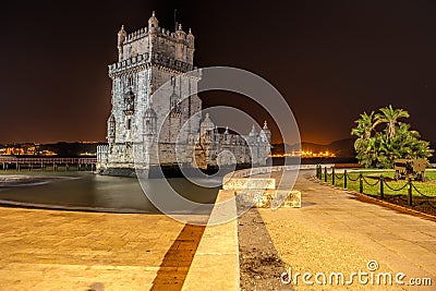 Portugal, Lisbon, view of the belem tower at night . Historical Stock Photo