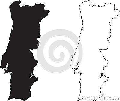 A set of two Portuguese Map. Map of Portugal. Black silhouette and black outline. Editable EPS Vector file. Black and white Vector Illustration