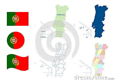 Portugal map. Detailed blue outline and silhouette. Administrative divisions. Districts and autonomous regions. Country flag. Set Vector Illustration