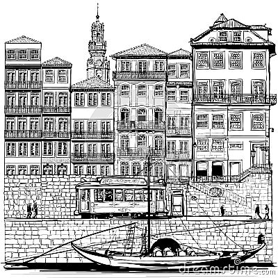 Portugal, old Porto and traditional boat Vector Illustration