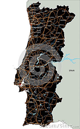 High detailed Portugal road map with labeling. Vector Illustration
