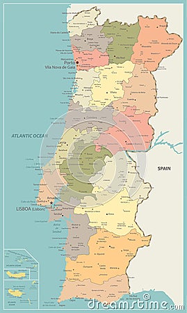 Portugal Political Map Vintage Color Vector Illustration