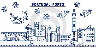 Portugal, Porto winter city skyline. Merry Christmas, Happy Vector Illustration