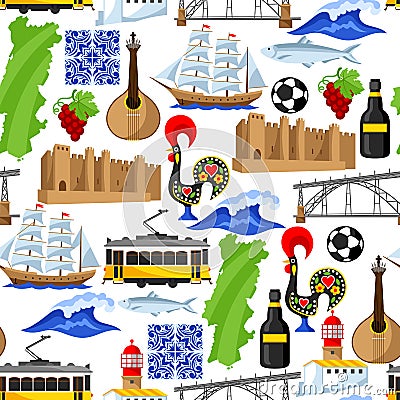 Portugal seamless pattern. Portuguese national traditional symbols and objects Vector Illustration
