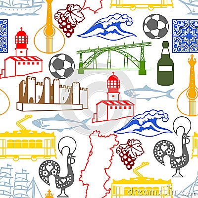 Portugal seamless pattern. Portuguese national traditional symbols and objects Vector Illustration