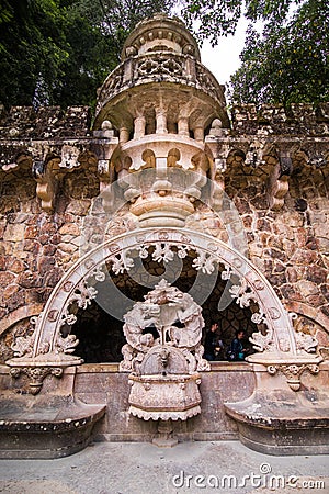 Portugal , Sintra . Palace Regaleira is typical Gothic architectural elements , such as turrets, gargoyles, and a tower in the sha Editorial Stock Photo