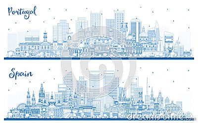 Portugal and Spain. Outline City Skyline with Blue Buildings Stock Photo
