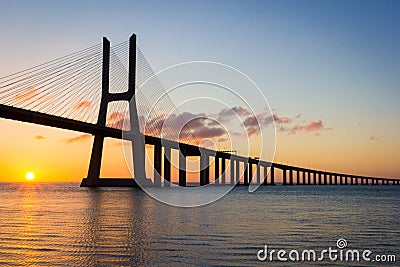 Portugal, Vasco Da Gama Bridge, Lisbon. Sunrise Stock Photo