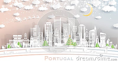 Portugal. Winter city skyline in paper cut style with snowflakes, moon and neon garland. Christmas and new year concept. Santa Stock Photo