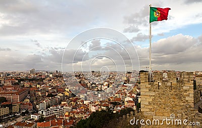 Portugese flag on top of the castle Stock Photo