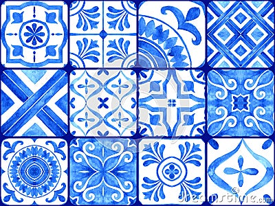 Portuguese azulejo tiles collection. Blue and white gorgeous seamless pattern. Cartoon Illustration