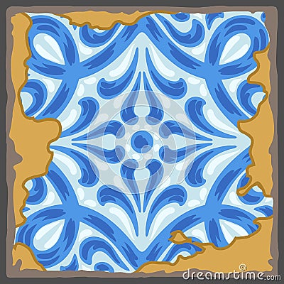 Portuguese azulejo vintage ceramic tile pattern. Old grunge background with chipped enamel tile. Italian pottery or Vector Illustration