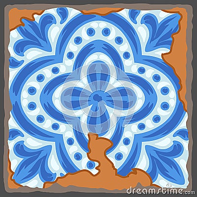 Portuguese azulejo vintage ceramic tile pattern. Old grunge background with chipped enamel tile. Italian pottery or Vector Illustration