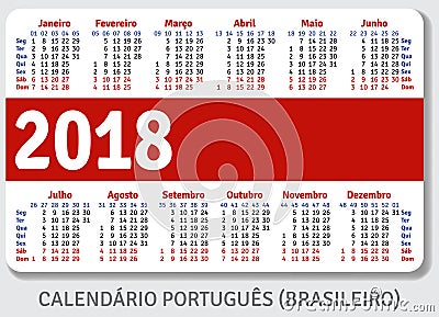 Portuguese Brazilian pocket calendar for 2018 Vector Illustration