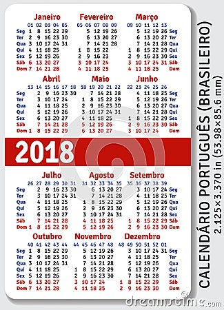Portuguese Brazilian pocket calendar for 2018 Vector Illustration
