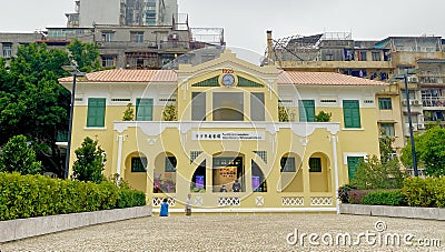 Portuguese Colony Macao Macau Street Macao Art Deco Moorish Architecture Exhibition Pavilion for The Youth Building Caixa Escolar Editorial Stock Photo