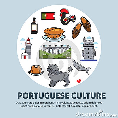 Portuguese culture travel to Portugal architecture food and animal Vector Illustration