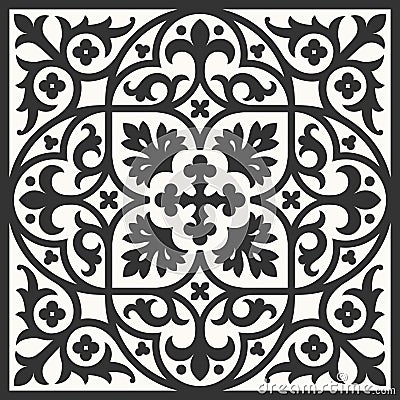 Portuguese floor ceramic tiles azulejo design, mediterranean pattern black and white Vector Illustration