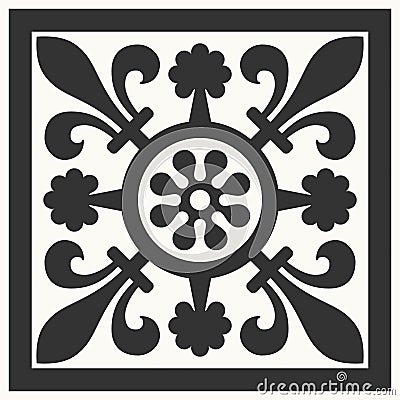 Portuguese floor ceramic tiles azulejo design, mediterranean pattern black and white Vector Illustration