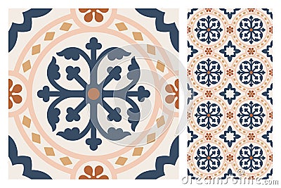 Portuguese floor ceramic tiles azulejo design, mediterranean pattern Vector Illustration