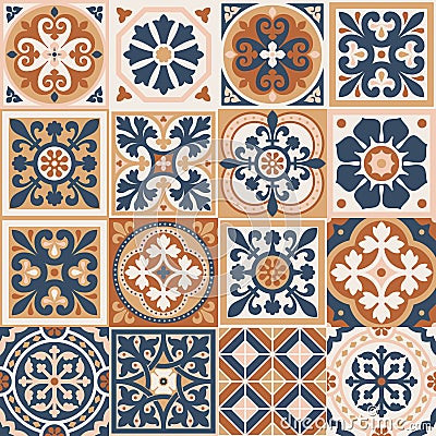 Portuguese floor ceramic tiles azulejo design, mediterranean pattern Vector Illustration