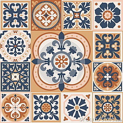 Portuguese floor ceramic tiles azulejo design, mediterranean pattern Vector Illustration