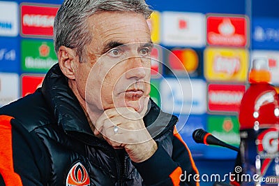 Portuguese head coach of FC Shakhtar Donetsk Luis Castro at a press conference as the Shakhtar Donetsk on the match UEFA league ch Editorial Stock Photo