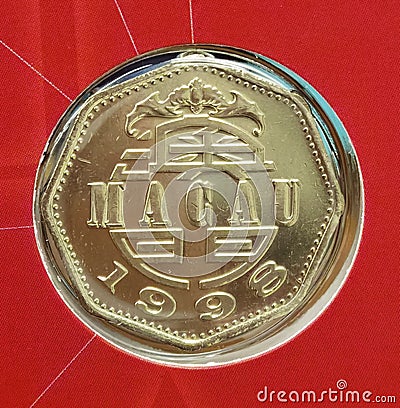 Portuguese Macau 2 Patacas Bat Typography Brass Nickle Pataca Value MOP Fiat Money Metals Currency Exchange China Macao Coin Stock Photo