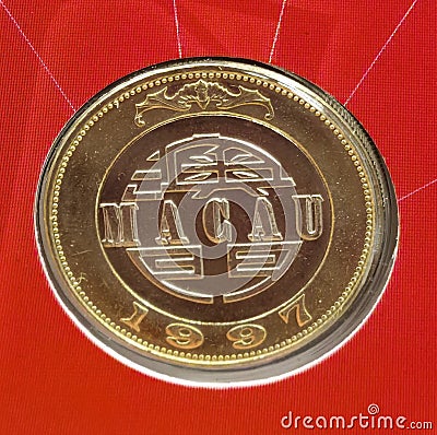 Portuguese Macau 10 Patacas Bat Typography Brass Nickle Pataca Value MOP Fiat Money Metals Currency Exchange China Macao Coin Stock Photo