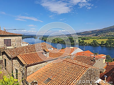 Portuguese old roofs and Minho river Stock Photo