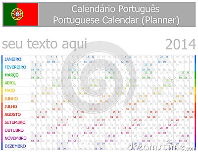 2014 Portuguese Planner-2 Calendar with Horizontal Months Vector Illustration