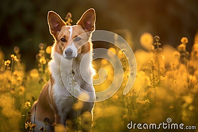 Portuguese podengo pequeno dog sitting in meadow field surrounded by vibrant wildflowers and grass on sunny day ai generated Stock Photo