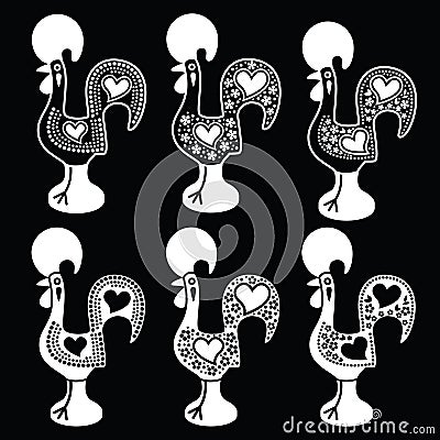 Portuguese Rooster of Barcelos - Galo de Barcelos white icons on black Stock Photo