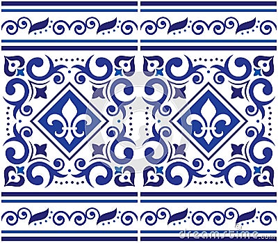 Azulejo tiles seamless vector pattern with frame or border- Lisbon decorative style, fleur de lis design inspired by art from Port Vector Illustration