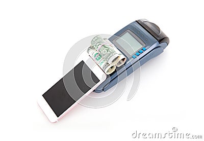 Pos machine and mobile phone and dollar bills on white background Stock Photo