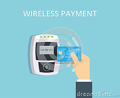 Pos terminal confirms contactless payment from credit card. NFC Payment illustration in flat style. Cartoon Illustration