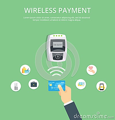 Pos terminal confirms contactless payment from credit card. NFC Payment illustration in flat style. Cartoon Illustration