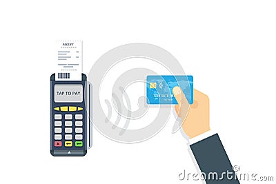 Pos terminal confirms contactless payment from credit card. NFC Payment illustration in flat style. Cartoon Illustration