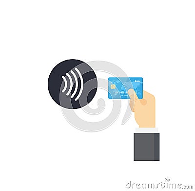 Pos terminal confirms contactless payment from credit card. NFC Payment illustration in flat style. Cartoon Illustration