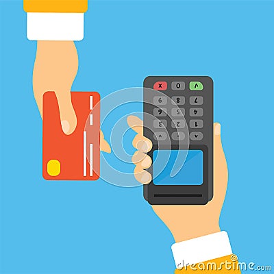 POS terminal confirms the payment by debit credit card Vector Illustration