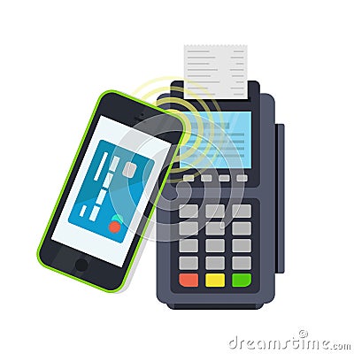 POS terminal confirms the payment made through mobile phone Vector Illustration