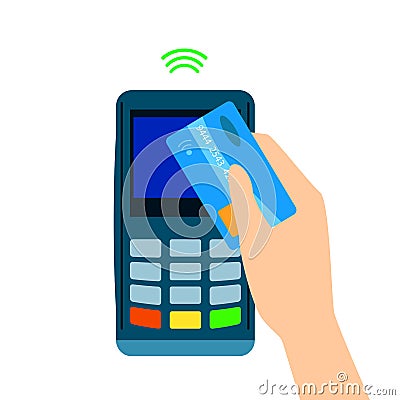 POS terminal confirms the payment made through mobile phone. NFC payments. flat style. Mobile Banking and Payments Vector Illustration