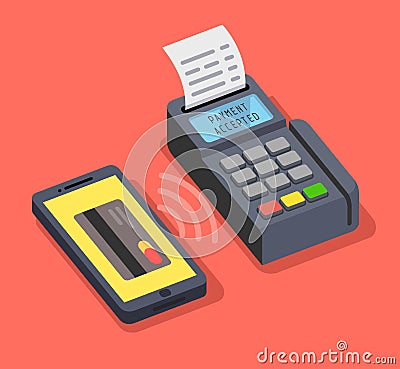POS terminal confirms payment made through mobile phone. Vector Illustration