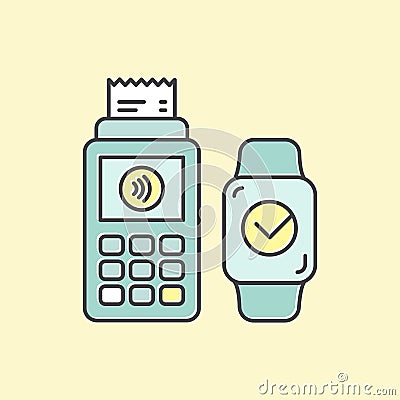 POS terminal confirms the payment made through msmart watch. Concept icons NFC payments in a flat style. Vector Illustration