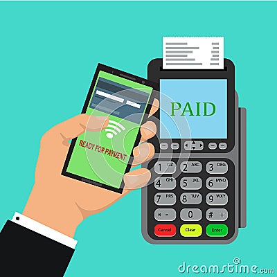 Pos terminal confirms the payment by smartphone. Vector illustration in flat design on blue background. nfc payments concept Vector Illustration