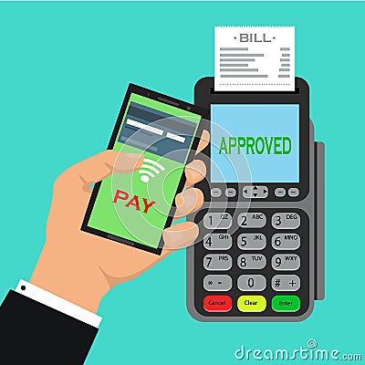 Pos terminal confirms the payment by smartphone. Vector illustration in flat design on blue background. nfc payments concept Cartoon Illustration