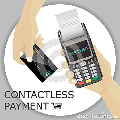 POS Terminal with hand and credit card. Contactless payment, app Vector Illustration