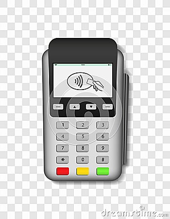 Pos terminal. Machine for payment of credit card. 3d realistic mockup of terminal with swipe for pay. Silver device with screen Vector Illustration
