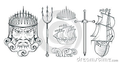 Poseidon - Ancient Greek supreme sea god. Greek mythology. Neptune trident. Olympian gods collection. Hand drawn Man Head. Bearded Vector Illustration