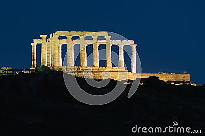 Poseidon's temple in Sounio Greece. Night view. Stock Photo